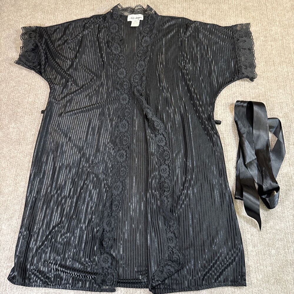 Nite Images Black Sheer Striped Lace Trim Kimono‎ Robe Tie Belt Size Small